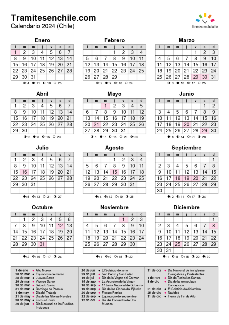 ᐉ Calendario 2024 Chile con feriados 【2024】